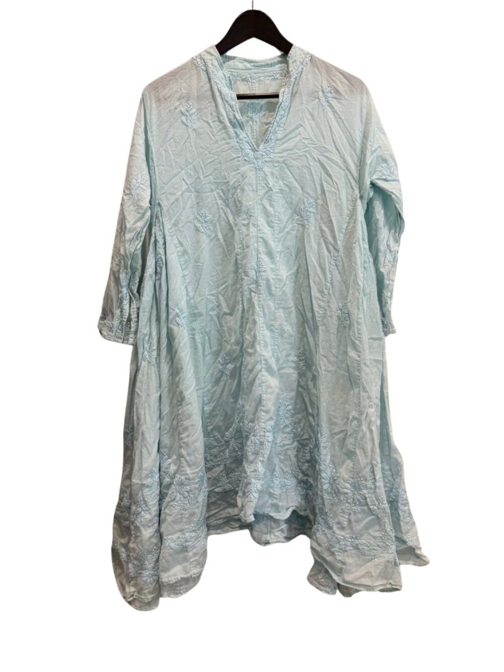 Women’s Light Blue Cotton Embroidered 3/4 Sleeve Kurta Mini Dress Size S/M - Picture 2 of 6